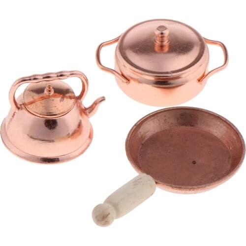 1/12 Dollhouse Miniature Kitchen Accessory Bronze Frying Pan Pot Kettle Kit