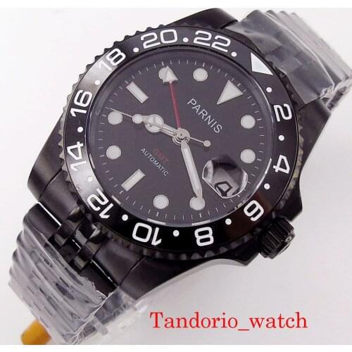 40mm Parnis Black PVD Plated GMT Automatic Men Watch Sapphire Glass Date Luminous Marks Unidirectional Bezel Jubilee Strap