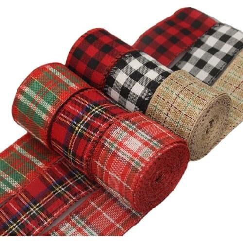 6m/Roll Christmas Plaid Burlap Ribbon Plaid Wired Ribbon Christmas Wrapping Burlap Ribbon for Christmas Crafts DIY Decoration