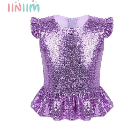Kids Girls Mermaid Tops Sparkly Holographic Short Flutter Full Lined Back Zipper Peplum Top for Halloween Carnival Party T-Shirt