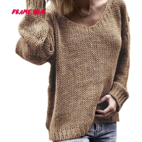 FRAME BEN 2019 Autumn Women Sweaters Casual Solid Long Sleeve V-Neck Pullover Loose Knitted Sweater Tops Plus Size