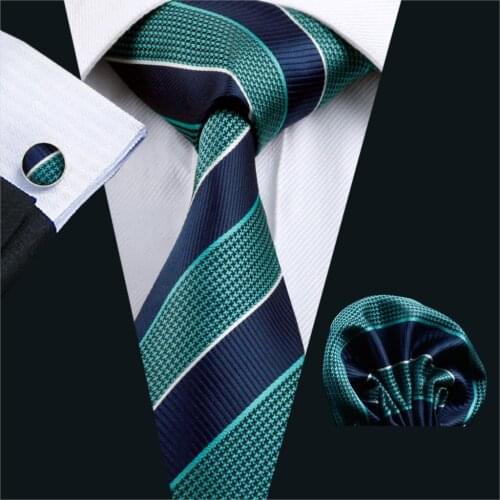 FA-587 Gents Necktie Blue Stripe 100% Silk Jacquard Tie Hanky Cufflinks Set Business Wedding Party Ties For Men Free Shipping
