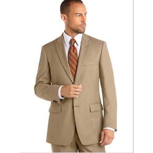 Custom Made Mens Suits Groomsmen Peak Lapel Groom Tuxedos Khaki Wedding Best Man Suit (Jacket+Pants+Tie+Hankerchief) A16