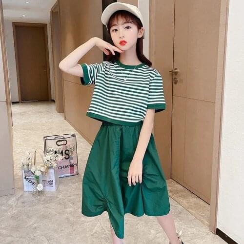 Teenage Girls Clothing Sets Summer Short Striped T Shirts and Skirt 2 Pieces Toddler Kids Clothes Girls Outfits For Children