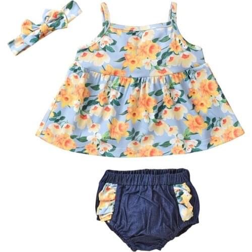 Baby Girls Three-piece Clothes Sets Blue Floral Printed Pattern Sleeveless Boat Neck Tops Shorts and Headdress