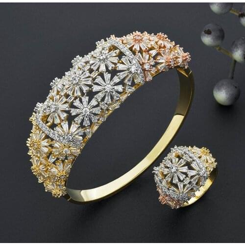 ModemAngel Delicate Flowers Full Micro AAA Cubic Zirconia Women Wedding Tassel Engagement Accessories Bangle And Ring Set