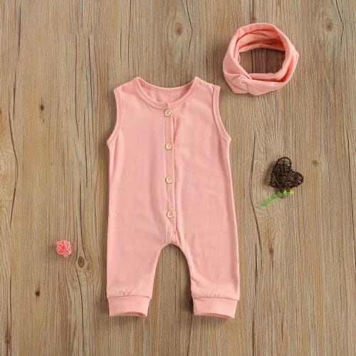 2021 fashionable Baby Solid Color Babys Set Girls Sleeveless O-neck Button-up Jumpsuit + Knot Headband for 0-24M