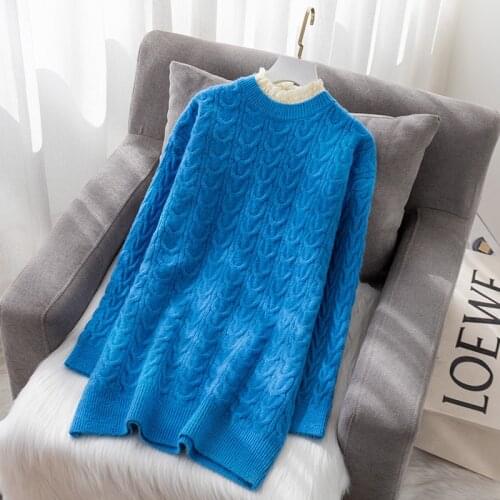 2021 Fashion Winter Lace collar Stitching Thick Knit Sweater Bottoming Shirt Women Warm Loose Long Pullovers Female Casual Tops