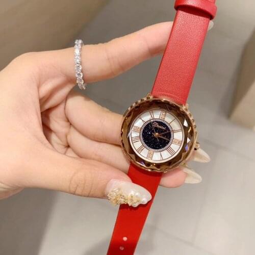 Vivid Red Watches for Women Waterproof Genuine Leather Strap Watch Quartz Roman Number Analog Wrist watch Crystals Montre Femme