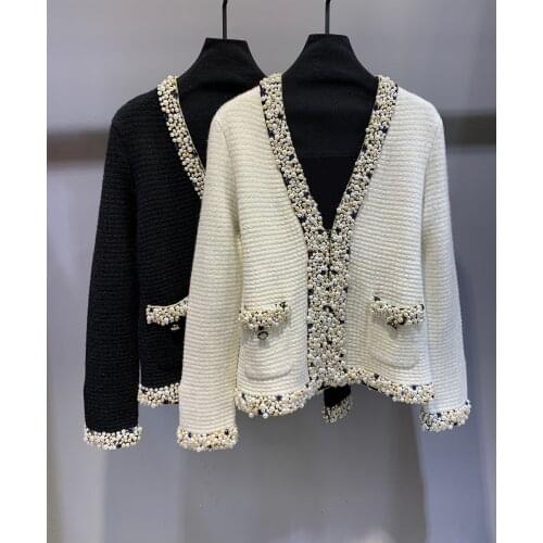 New Ladies High 2021 Quality Fashion Long Sleeve V-Neck Beaded Jacket 1218