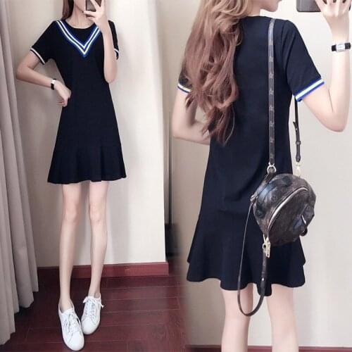 Mini Sports Dress Women Casual Striped Straight Ladies Ruffled Summer Dress Sweater Cotton T-shirt Fishtail Vestidos Mujer Q56