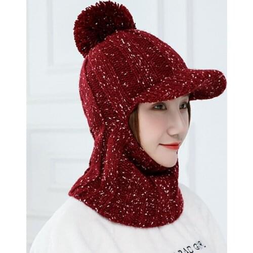 Hat Female Winter Wool Plus Velvet Warm Knit Hat Female Biker Windproof Ear Protection Cap Hood Winter Female Hat with Brim