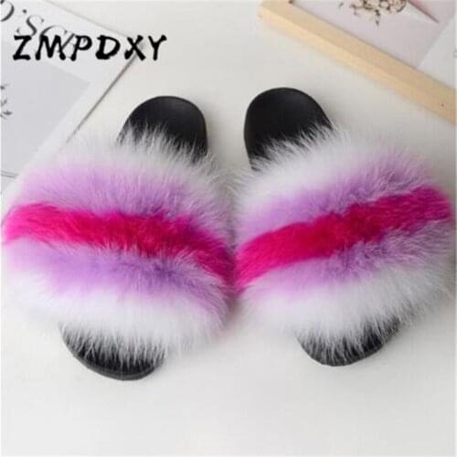 Ladies Winter Real Fox Hair Slippers Indoor Warm Plush Home Shoes Women Fluffy Raccoon Fur Slides Cute Rainbow Furry Flip Flops