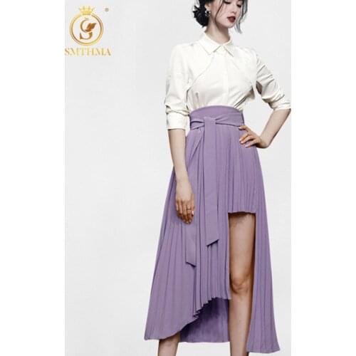SMTHMA 2021 New Fashion Autumn Two-Piece SetsWomens White Long Sleeves Shirt High Waist Irregular Pleated Skirt Suit
