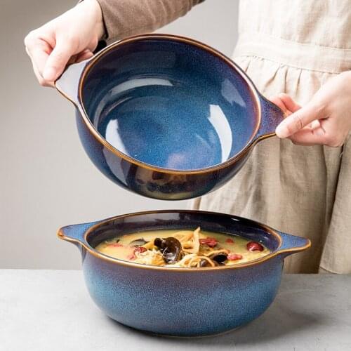 Chinese style large double-ear soup bowl, kiln-changing glazed ramen bowl with handle, household ceramic soup bowl