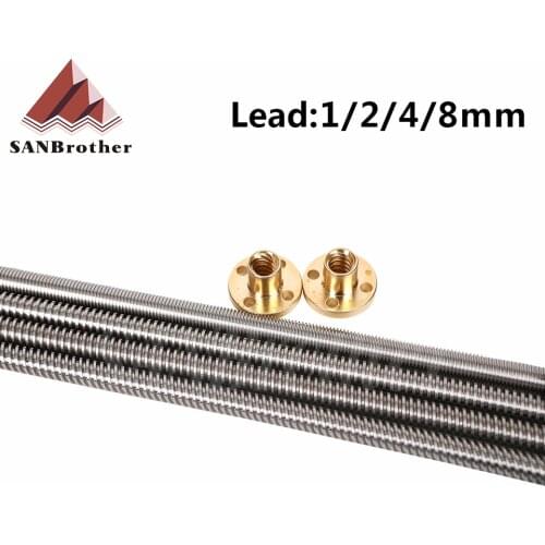 3D Printer THSL-300-8D Trapezoidal Rod T8 Lead Screw Thread 8mm Lead1mm Length100mm200mm300mm400mm500mm600mm with Brass Nut