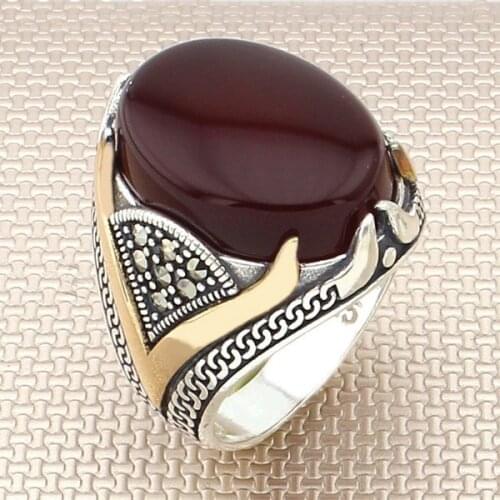 V For Vendetta Silver Ring Vintage Maroon Oval Yemen Agate Stone Men Silver Ring Solid 925 Sterling Silver
