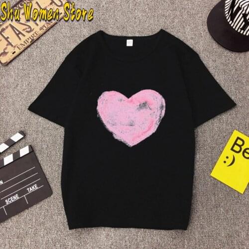Heart flower print ladies T-shirt ladies casual basis O-collar white shirt short sleeve ladies T-shirt love graphic printing