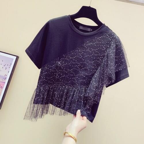 Mesh patchwork irregular ruffles short high waist women t-shirts 2020 summer new o-neck short-sleeved solid lady elegant pulls