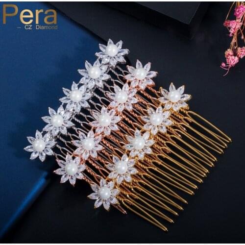 Pera Bridal Marquise Cut White Leaf Shape CZ Stone Pearl Flower Hair Comb Headpiece for Women Wedding Jewelry Accessories H011