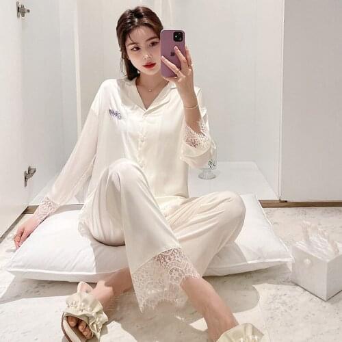 Women Sexy Lace Trim 2PCS Pajamas Sets 2PCS Bride Pyjamas Suit Turn-Down Collar Sleepwear Spring Lingeri Rayon Home Nightwear