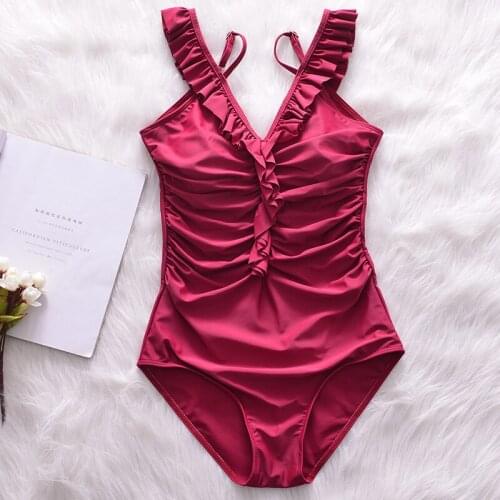 Brand Summer New Retro Sexy One Pieces Red Swimwear Women Deep-V Neck Black Swimsuit Hot Ladies Beach Wear Pool Bathing Suit