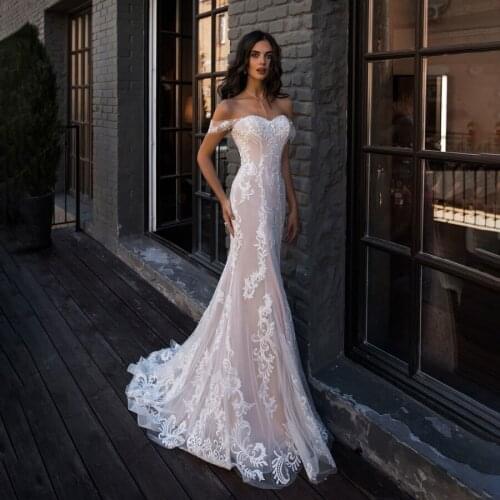 Off the Shoulder Sheath Slim Lace Applique Chmpagne Wedding Dress Long Customized Made Bridal Dress vestido noiva curto