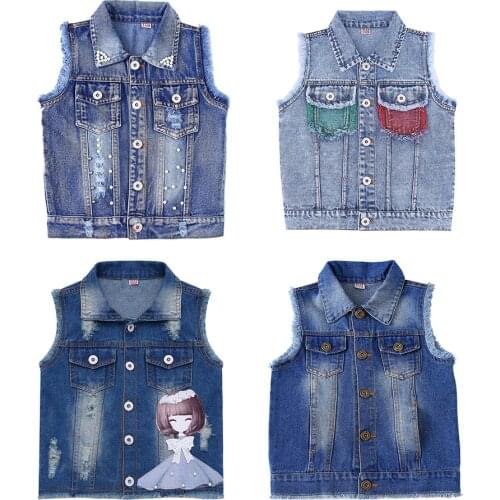Fashion Denim Waistcoat For Girls Fashion Cartoon Pockets Turn-down Collar Vest Jacket Children Outerwear