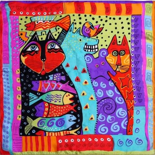 100% Silk Scarf Women Scarf Cat Scarf Silk Big Bandana 2019 Hijab Print Cat Fish Middle Square Silk Scarf Wrap Hot Gift for Lady