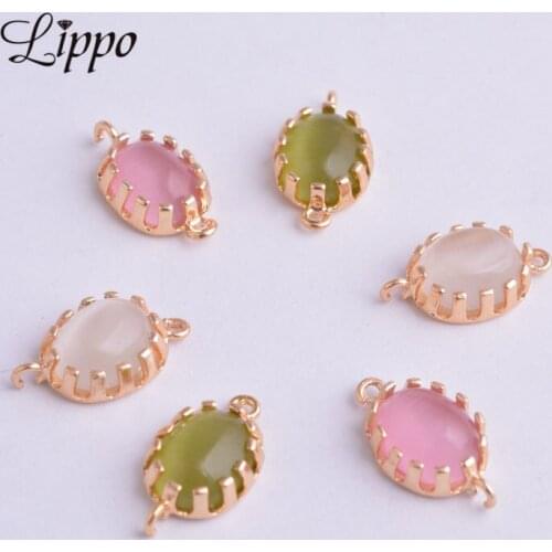 15pcs High Quatily Copper Gold Framed Oval Domed Glass Cabochon Connector Green Pink Imitation Gemstone Charms DIY Necklace