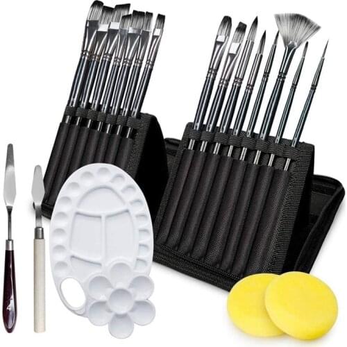 20 Pcs Paint Brush Set for Acrylic Oil Watercolor Painting Brushes with 1 Paint Tray, 2 Palette Knife and 2 Sponges
