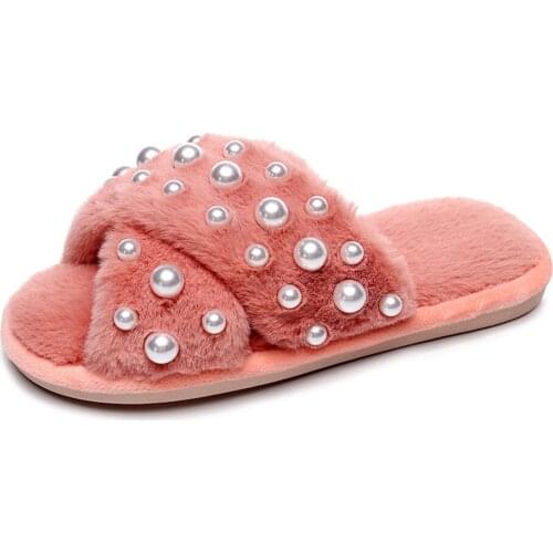 2021 Winter Indoor Home Women Slippers Open-Toe Flat Shoes Fashion Pearl Ladies Slides Female Sandals House Slippers hh254
