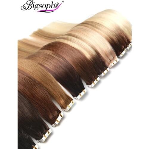 Bigsophy Tape In Human Hair Extensions 14"16" 18" 20" 22" 24” 26 100% Human Remy Hair Tape PU Hair Extension Straight 2.5g/pc