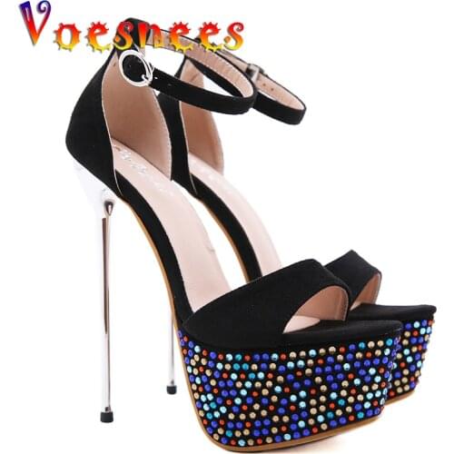 Thin Heel Sandals Color Buckle Strap Chain Flock Platform Sexy Heels Pole Dancing Super High Heel Shoe Peep Toe Party Women Shoe