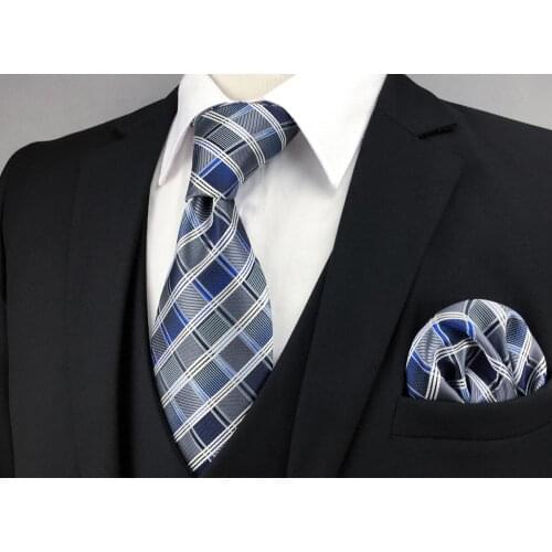 A17 Blue Gray Silver Checkered Silk Fashion Ties for Men Extra Long Pocket Square Set Party Wedding Dropshipping