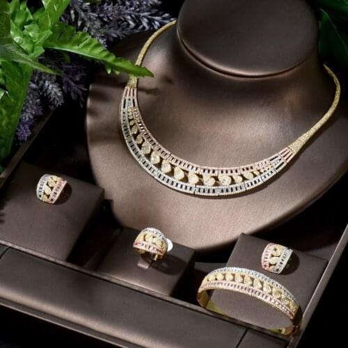 HIBRIDE Fashion Geometric Square Stud Earrings For Women Wedding Cubic Zirconia Bohemian Dubai Bridal Necklace Set N-1779