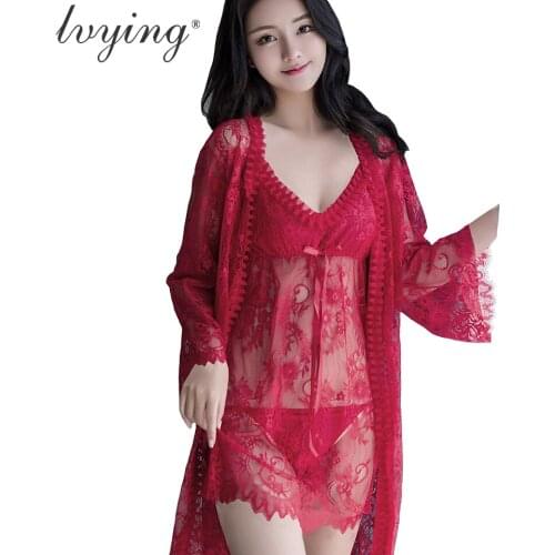 Temptation Women Nightgown Suit Sexy Lace Night Dress Perspective Pyjamas Sets Lingerie Sleepwear Bathrobe Nightwear Thong