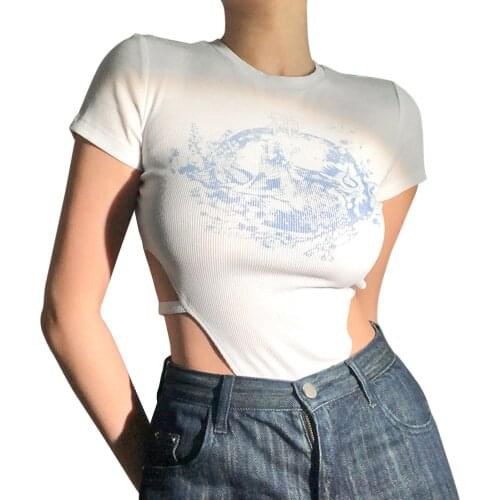 Fashion Womens Hollow Bodysuit Adult Sexy Slim Print Short Sleeve Round Neck Sexy Fashion Tight Print Show Body Jumpsuit