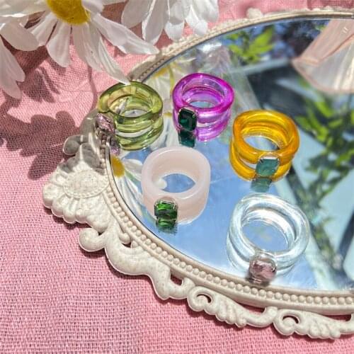 Korean Transparent Colorful Acrylic Resin Rings For Women Summer Geometric Square Rhinestone Ring Jewelry Travel Gifts