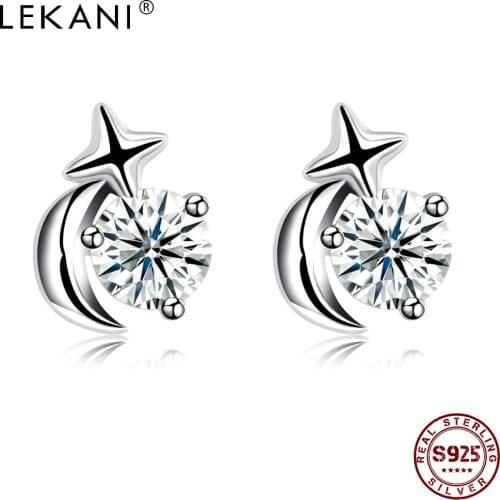 LEKANI Geometric Cross And Moon 925 Sterling Silver Stud Earrings For Women Clear Cubic Zirconia Wedding Earring Fine Jewelry