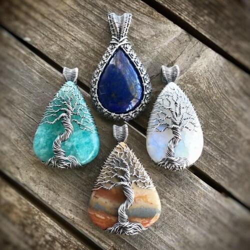 Fashion Necklace Pendant Handmade Tree of Life Water Drop Crystal DIY Natural Stone Pendant Gold Color Tigereye Green Aventurine