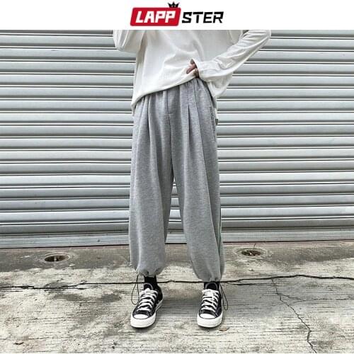 LAPPSTER Men Streetwaer Hip Hop Sweatpants Solid Cotton Harem Pants 2020 Mens Grey Loose Joggers Male Korean Black Trousers
