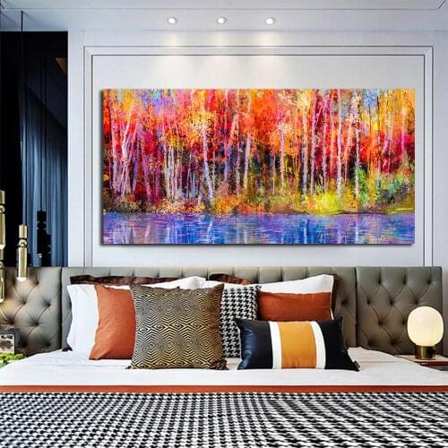 Wall Art Canvas Painting Beautiful Colors Abstract Landscape Trees Forest In Autumn Pictures For Living Room Decor
