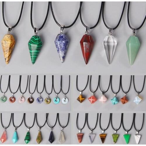 Reiki Natural Stone Quartz Crystal Turquoises Tiger Eye Opal Aventurine Donuts Pendant Leather Chains Necklace For Women Men