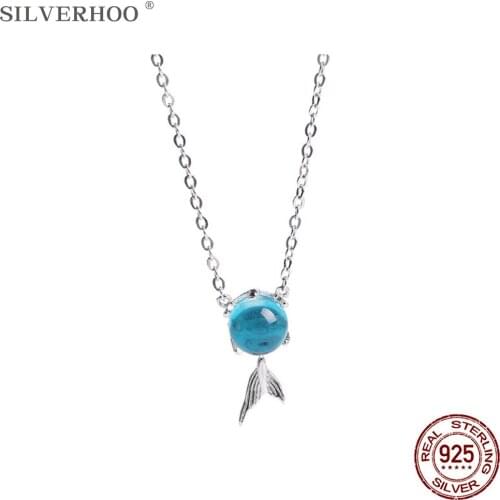 SILVERHOO 925 Sterling Silver Cute Fish Pendant Necklaces For Women Trendy Ball Blue Crystal Silver Necklace Charms Jewelry