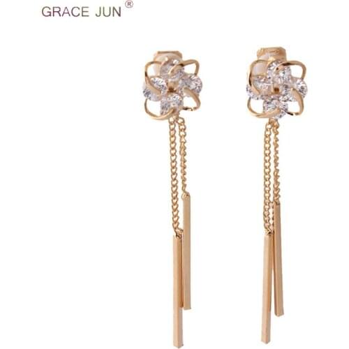 GRACE JUN 2018 Gold Color AAA Cubic Fashion Long Tassel Clip on Earrings for Women Fashion Bridal Wedding No Pierced Earrings