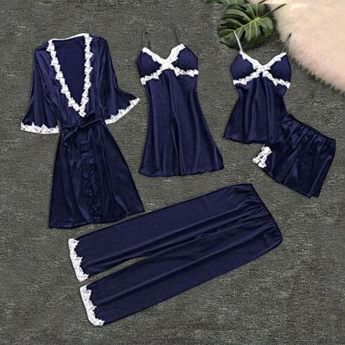 Silk Women Pajama Sets Lace Sleepwear Ladies 5-Piece Solid Color Robe Sets Womens Underwear Lingerie conjuntos de pijama g4