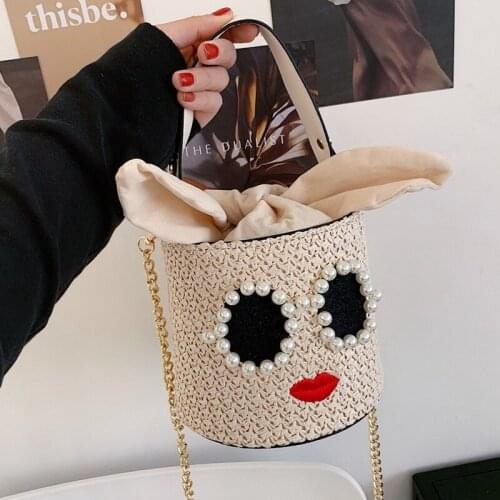 FUNMARDI Funny Straw Handbags Women Fashion Brand Bucket Crossbody Bags 2021 New Summer Beach Bags Cute Pearl Tote Bags WLHB2362