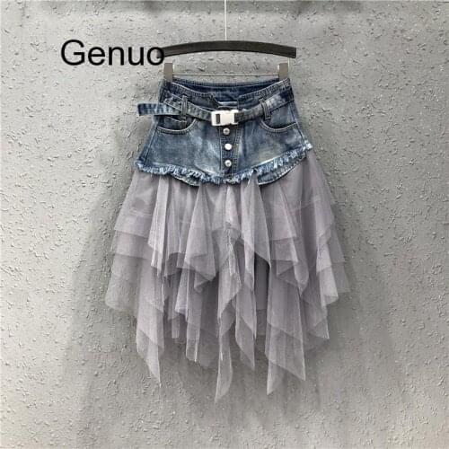 Womens Irregular Tulle Jeans Skirt Pleated High Waist Denim Summer Long Skirts Mesh Patchwork Pockets Mid-Calf Tassel With Belt