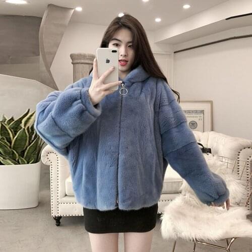 Womens real mink fur coat zipper female short bat sleeve jacket mink fur hooded winter outerwear